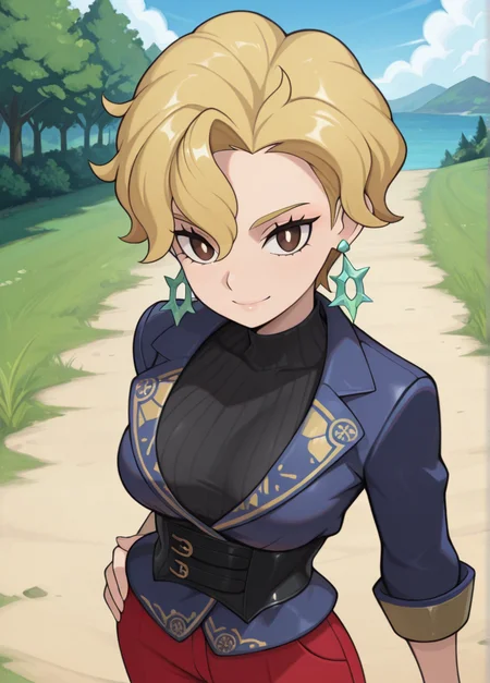 masterpiece, best quality, amazing quality, very aesthetic, absurdres, newest, 4k, 8k, outdoors, official style, looking at viewer,
briarxd, 1girl, solo, earrings, jewelry, blonde hair, red pants, pants, jacket, standing, short hair, brown eyes, hand on hip, breasts, closed mouth, smile
<lora:Briar_-_Pokemon_Illustrious:1>