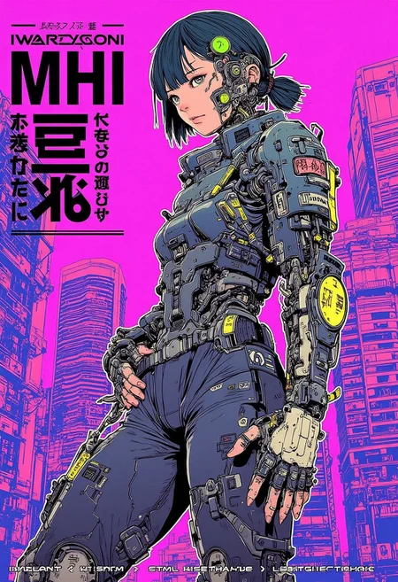 anime poster image featuring a cyborg female warrior, posing for the camera with a cyberpunk city backdrop, in the style of cybermono_style. The image is vibrant and intense with no text in it