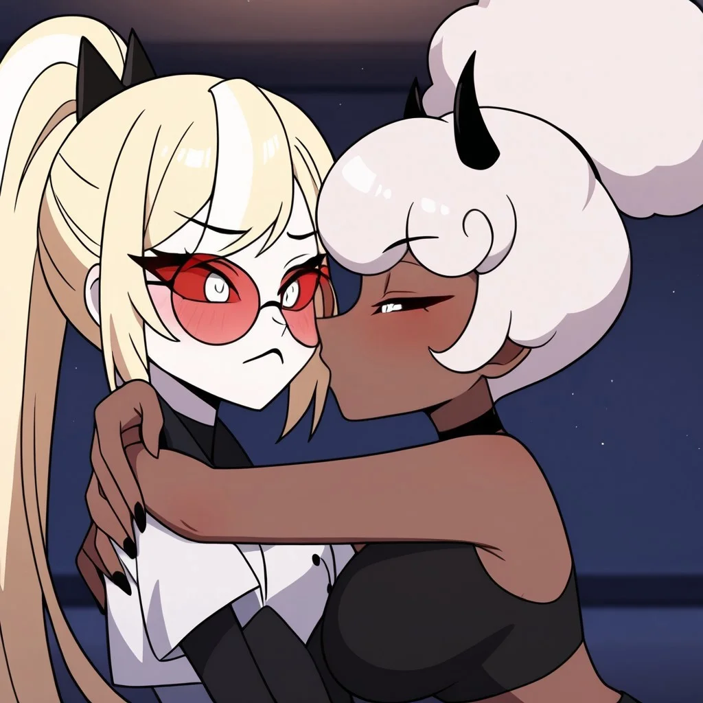 masterpiece, best quality, newest, absurdres, highres, HHp4ck-Style-V1.0, official style, HHOVP-Carmines-CLC+ODC.V1.0, multiple girls, 2girls, HHOVP-ODC.V1.0, HHOVP-CLC.V1.0, kiss, yuri, hug, lesbian,
BREAK
HHOVP-ODC.V1.0, blonde hair, white skin, red-tinted eyewear, glasses, red sclera, red-tinnted colored sclera, white eyes, high ponytail, red glasses, hairband, hairband with horns, tied hair,
BREAK
HHOVP-CLC.V1.0, dark skin, dark-skinned female, hairband, hairband with horns, tied hair, white hair, red sclera, colored sclera, white eyes, afro, crop top, black crop top,