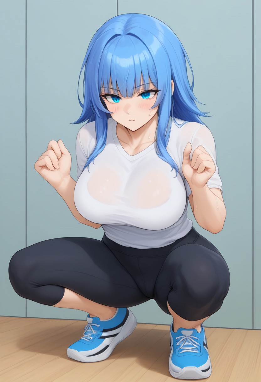 charlotte_wraith, blue eyes, blue hair, large breasts, thick waist, sweaty, working out, bike shorts, squatting, hands out, white shirt, highly detailed, csr style, mammoth_metal_style
absurdres, high quality, score_7_and_up
