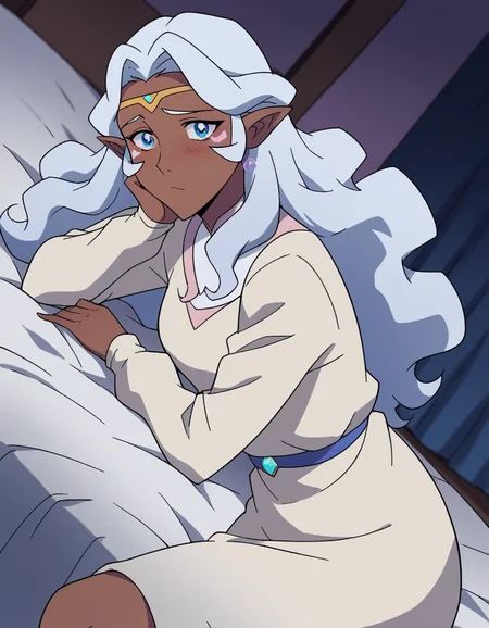score_9, score_8_up, score_7_up, source_anime,
princessallura, <lora:princess-allura-anime-ponyxl-lora-nochekaiser:1>,
allura, blue eyes, white hair, pointy ears, dark skin, dark-skinned female, facial mark, elf, dark elf,
long hair, wavy hair, cardigan, long sleeves, dress, white dress,
indoors, bed, bed room, on side, blush, drunk,
looking at viewer, cowboy shot, solo, dutch angle,