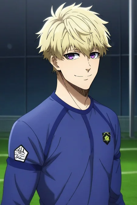 score_9, score_8_up, score_7_up, , , rating_safe, , , depth of field, 1boy, male focus, purple eyes, light blonde hair, top knot, , homburg, solo, cowboy shot, niagara falls, night, crescent moon, standing, seductive smile, <lora:blue_lock_style_pony:1.14>, blue_lock_style, blue lock uniform, blue shirt, <lora:sdxl_lightning_8step_lora:1>