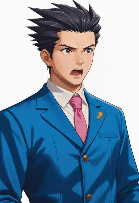 score_9, score_8_up, score_7_up, source_anime, 1boy, solo, shock, open mouth
<lora:zs_FEWarriorsPortraitsXL:1> fewarriorsportraits, portrait, white background
 <lora:Phoenix_Wright__Ace_Attorney:0.6> phoenix wright, blue jacket, blue pants, white shirt, collared shirt, pink necktie, black eyes, upper body, cowboy shot