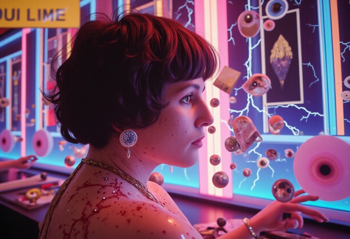 woman side profile, showered with australian money cash currency falling in front of her face, she has a wild look in her eyes like she has just won a jackpot in a very clean white room science experiment, woman of 18 years old with brunette bangs in anervous system and veins bodysuit, curly hair sitting at a modern slot machine. She has no face and only skin for a face. She is surrounded by multi colored bolts of high intensity electricity and lightning as well as holograms of futuristic cubes projecting around the room with eyeballs inside them