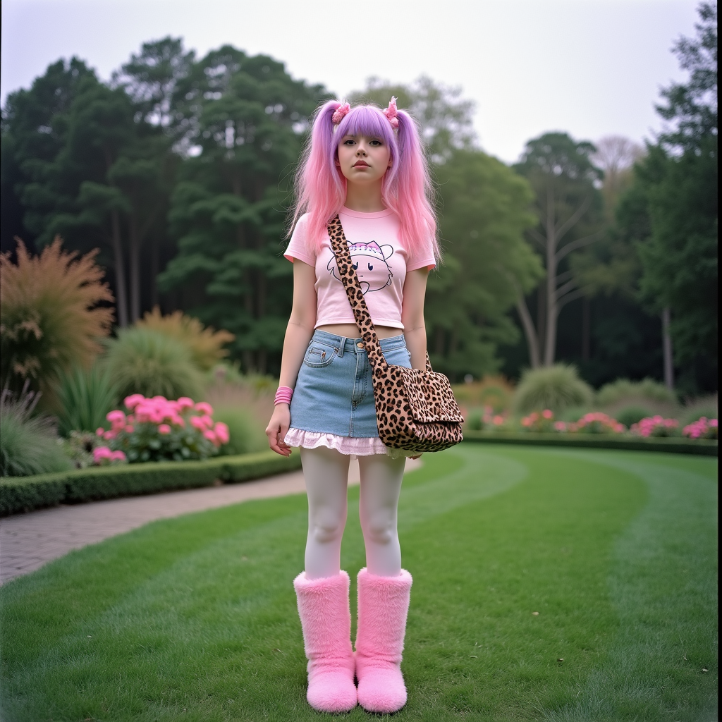 The image is an analog  photograph featuring a young American woman standing outdoors in a lush, park-like setting. She has long, wavy, pastel pink hair with playful pink and purple highlights, styled with two high ponytails adorned with pink hair accessories. Her skin is fair, and she has a slender physique with a small waist. She is dressed in a pastel pink crop top featuring a cartoonish design and a short, frilly denim skirt. She wears white tights and pink fluffy boots that reach mid-calf, adding a playful and whimsical touch to her outfit. 
Her accessories include a leopard-print shoulder bag with a matching pattern on her boots, and she carries a small, pink purse in her left hand. The background shows a well-maintained garden with various types of plants, including pink flowers, and a neatly trimmed lawn. Behind the garden, there is a dense forest with a mix of green and autumnal brown trees, indicating a season transition. The sky is overcast, casting a soft, diffused light on the scene. The overall atmosphere is vibrant and playful, reflecting a youthful, whimsical style.The shot, taken with a Yashica T4 on Fujifilm Superia 400 film, is soft and pastel-toned with a ghostly atmosphere. The lighting is flat and cool, creating a washed-out palette that enhances the surrealism of the abandoned setting. 
  <lora:Emo_girls_-_flux-000014:1> em0g1rls, em0