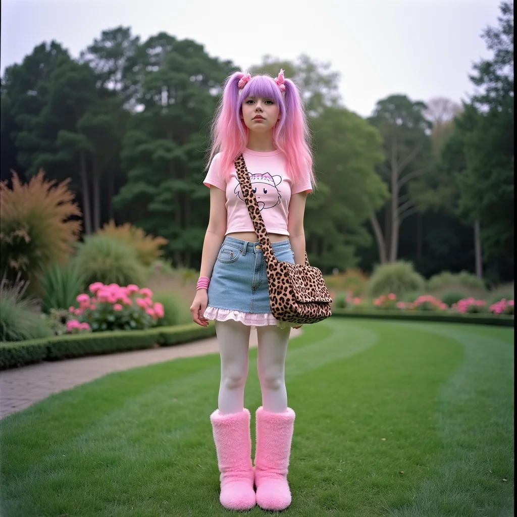 The image is an analog photograph featuring a young American woman standing outdoors in a lush, park-like setting. She has long, wavy, pastel pink hair with playful pink and purple highlights, styled with two high ponytails adorned with pink hair accessories. Her skin is fair, and she has a slender physique with a small waist. She is dressed in a pastel pink crop top featuring a cartoonish design and a short, frilly denim skirt. She wears white tights and pink fluffy boots that reach mid-calf, adding a playful and whimsical touch to her outfit.
Her accessories include a leopard-print shoulder bag with a matching pattern on her boots, and she carries a small, pink purse in her left hand. The background shows a well-maintained garden with various types of plants, including pink flowers, and a neatly trimmed lawn. Behind the garden, there is a dense forest with a mix of green and autumnal brown trees, indicating a season transition. The sky is overcast, casting a soft, diffused light on the scene. The overall atmosphere is vibrant and playful, reflecting a youthful, whimsical style.The shot, taken with a Yashica T4 on Fujifilm Superia 400 film, is soft and pastel-toned with a ghostly atmosphere. The lighting is flat and cool, creating a washed-out palette that enhances the surrealism of the abandoned setting.
<lora:Emo_girls_-_flux-000014:1> em0g1rls, em0