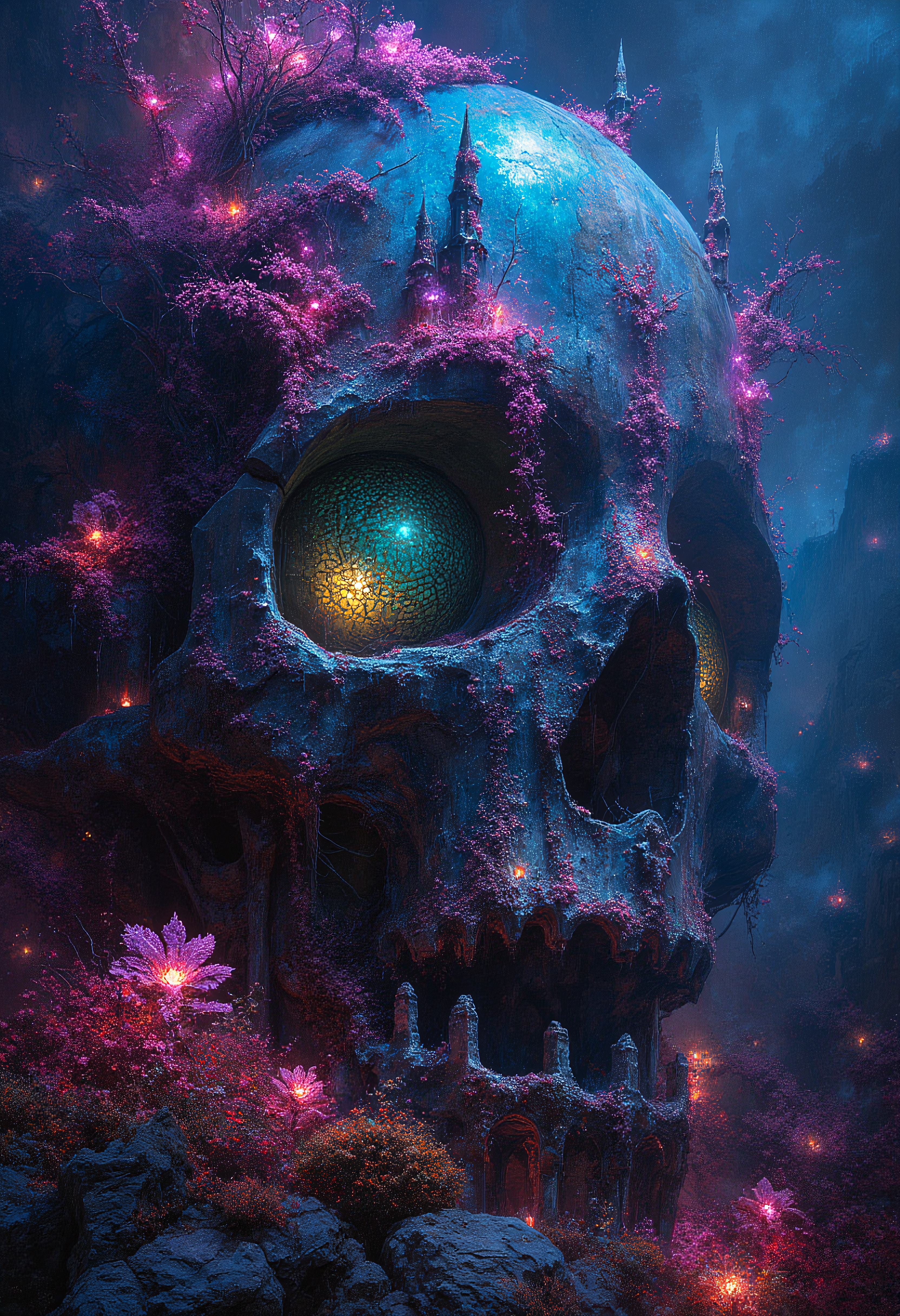 An abandoned Castle shaped like a Giant skull, with tower like ears overgrown with vines, completely covered in hanging vines, each thread tips illuminated like fiber optic wires, glowing colorful flowers, surreal, vibrant glow