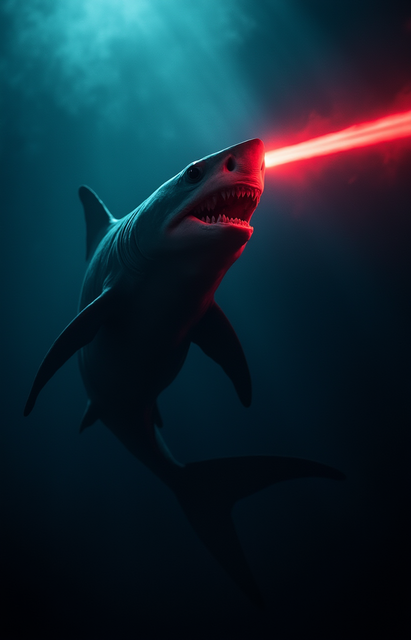 vantablack, a most villainous  shark with a glowing red laser weapon mounted on its head is cutting through the darkness in attempt to destroy a deep sea underwater base construction,   <lora:- Flux1 - vanta_black_V2.0:.8>