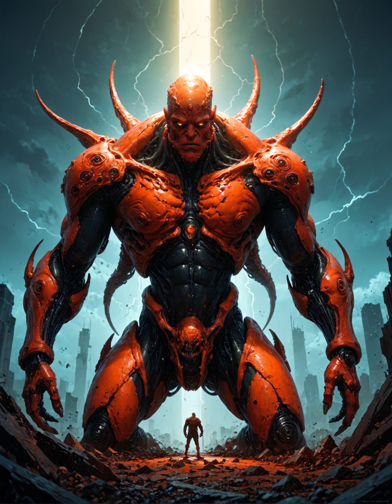 score_9, score_8_up, score_7_up, score_6_up, score_5_up, score_4_up, highly detailed, a man standing in front of a massive towering monster alien artialien angel creature  by Donato Giancola, by Chris Claremont , by Colin Geller, in the style of  cybernetic naturalism fusion, stormy weather, highly dynamic action shot, limited palette, atmospheric haze and debris, highly dramatic ambient lighting,  red and yellow neon hue, best composition, highly artistic, harmonic colors,  ultimate aesthetic level, masterclass artistry
<lora:artiangel:0.5> artiangel, <lora:Fant5yP0ny:0.8>  <lora:artialien:0.8> artialien