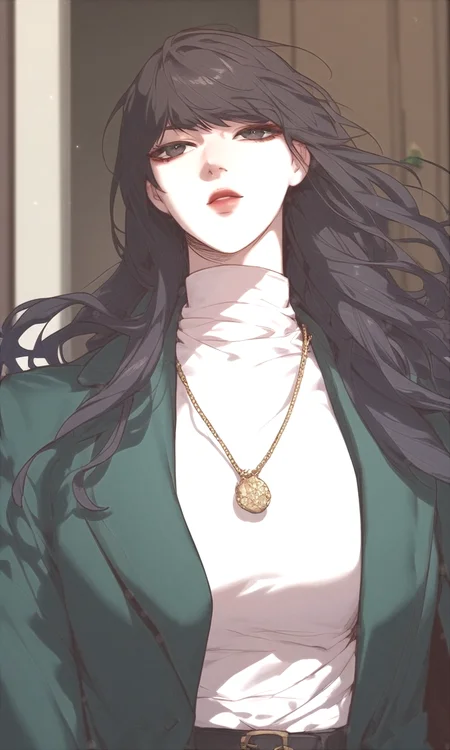 score_9, score_8_up, score_7_up,score_6_up,
jiyoungyoo,1girl, solo, long hair, black hair, bangs, black eyes,
outfit3, necklace, white shirt, green jacket, black belt, brown pants, long sleeves, perfect eyes, mature,
upper body, indoors, door frame,Expressiveh
