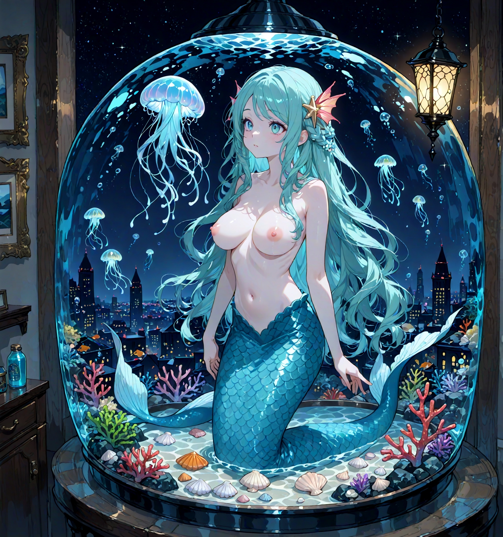 masterpiece, best quality, amazing quality, very aesthetic, perfect eyes,((r17329_illu)) , 1girl, large_breasts,
, questionable,explicit,hair_ornament,In a whimsical room inspired by The Little Mermaid a cozy bed carved from a large, smooth stone rises majestically from the depths of a turbulent ocean. The bed is adorned with seashell-patterned linens and shimmering fabrics that mimic the waves. Above, colorful jellyfish lamps cast a soft glow, illuminating the space with an enchanting light. Through the window, an ordinary cityscape of towering high-rise buildings can be seen, creating a surreal contrast to the underwater theme inside. Coral and seaweed accents blend with the decor, enhancing the sense of a mermaid's secret sanctuary amid a bustling urban environment.