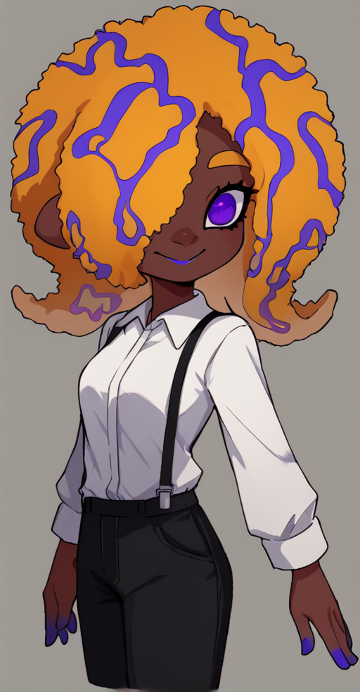 score_9, solo, 1girl, dark skin, black pants, pants, purple eyes, hair over one eye, shirt, white shirt,  afro, smile, <lora:tao_blu_splatoon:1>