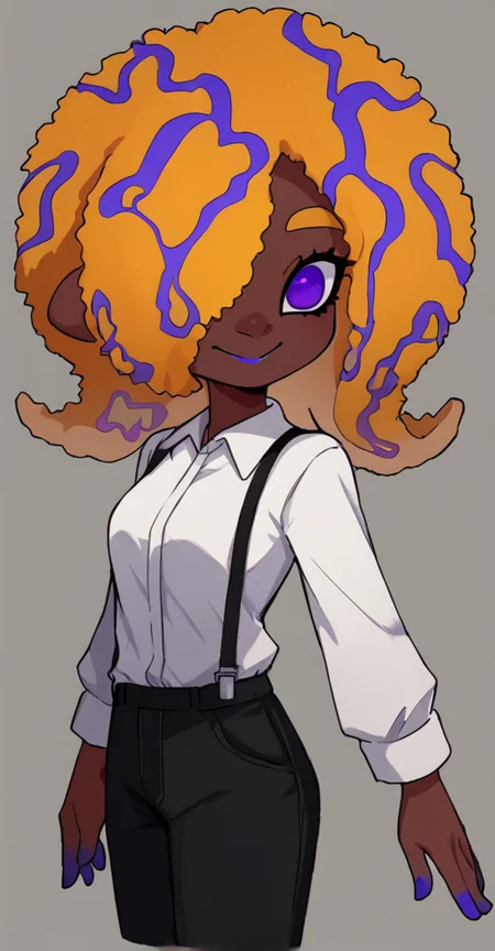 score_9, solo, 1girl, dark skin, black pants, pants, purple eyes, hair over one eye, shirt, white shirt, afro, smile, <lora:tao_blu_splatoon:1>