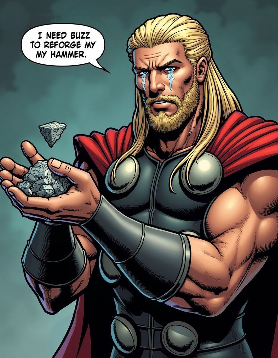 crying thor holding metallic gracured shard in his palms  says in speech bubble "I need buzz to reforge my hammer"