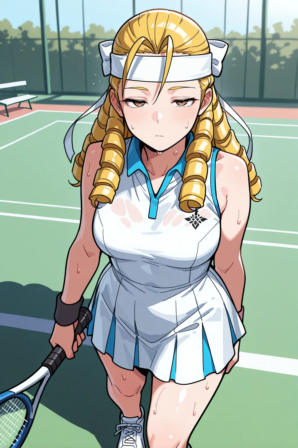 masterpiece, best quality, 1girl, solo, <lora:kanzukikarin-illu-nvwls-v1-000005:1> sfkrn, blonde hair, ringlets, hair pulled back, antenna hair, brown eyes, tennis dress, white headband, holding tennis racket, tennis uniform, tennis court, looking at viewer, sweat, tired, half-closed eyes, sneakers