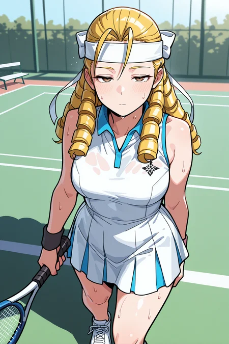 masterpiece, best quality, 1girl, solo, <lora:kanzukikarin-illu-nvwls-v1-000005:1> sfkrn, blonde hair, ringlets, hair pulled back, antenna hair, brown eyes, tennis dress, white headband, holding tennis racket, tennis uniform, tennis court, looking at viewer, sweat, tired, half-closed eyes, sneakers