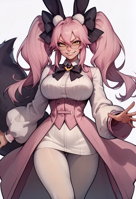 score_9, score_8_up, score_7_up, score_6_up BREAK koyanrab, black bow, coattails, collared shirt, fox tail, glasses, hair between eyes, large breasts, long hair, long sleeves, pink hair, pink waistcoat, rabbit ears, sidelocks, sleeveless waistcoat, twintails, underbust, white pantyhose, white shirt, yellow eyes,grin <lora:koyan-16:0.8>