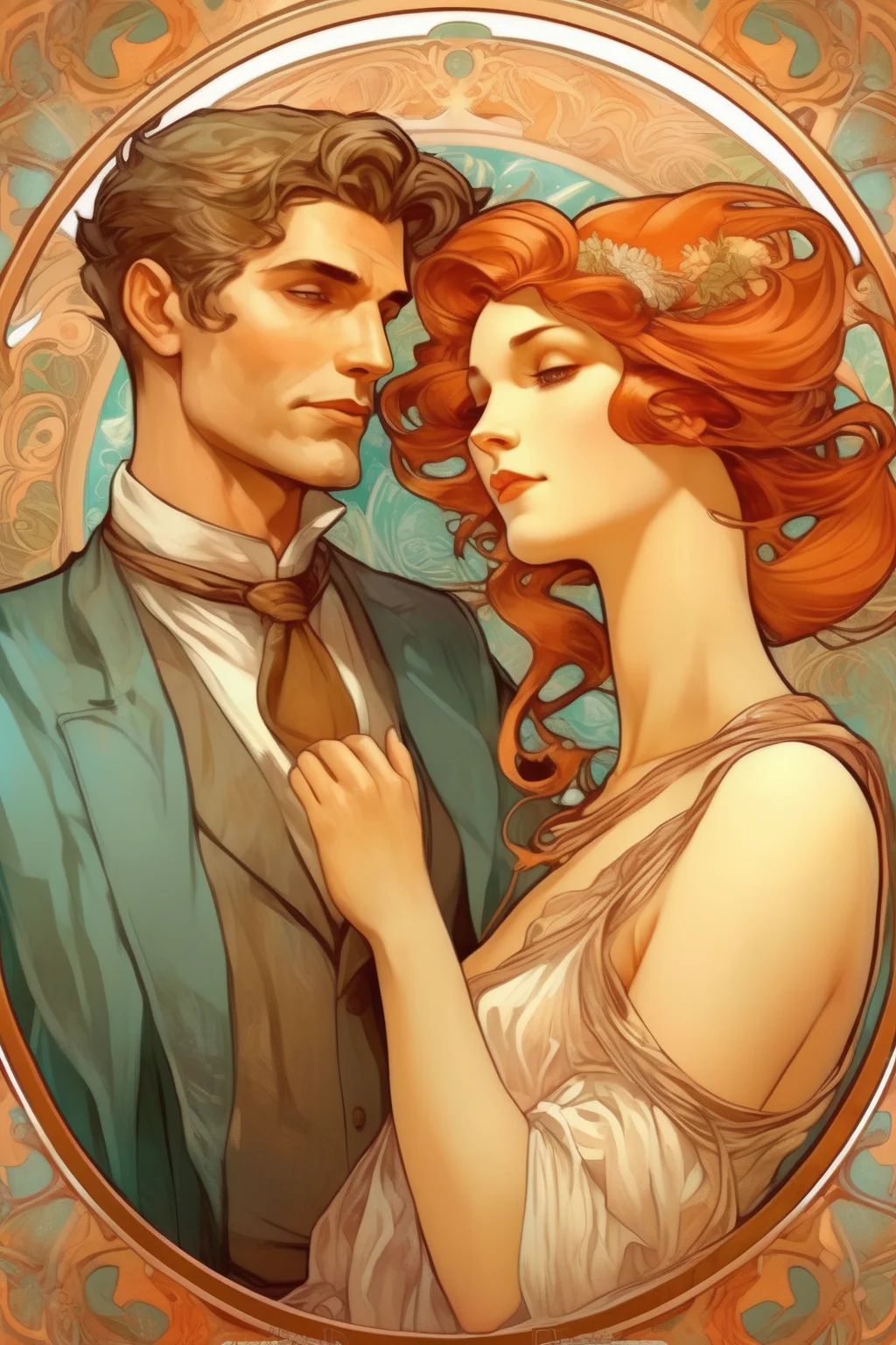 <lora:Alphonse Mucha Style:1>Alphonse Mucha Style - a handsome clean shaven man and a beautiful woman in the style of Alphonse Mucha