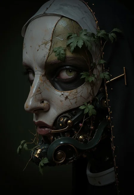 Close-up of an ancient, dust-covered robot cyborg head, its metal components worn and eroded with time. Tiny remnants of nature have integrated into its circuitry, with small, leaf-like fragments and delicate vines creeping over the rusted parts and intricate details. The scene is dystopian, captured in faded, gray tones that convey a sense of abandonment and decay. The eyes are adorned with striking, dark olive green eyeshadow and eyelashes that accentuate her deep, expressive gaze. Her white hair is tucked under a classic nun's habit. Soft, atmospheric lighting casts moody shadows, focusing closely on the cyborg’s weathered surface, highlighting the contrast between nature and machine in a hauntingly beautiful display. The close-up of a woman’s face reveals her expression as neutral yet intense as she slowly parts her lips, hinting at an eerie scene within. Her gaze remains unsettlingly still, adding an unsettling, ghostly quality to the scene. The setting is dark, with soft shadows enhancing her pale skin, emphasizing the mysterious and suspenseful atmosphere. Ambient sounds like faint whispers and the subtle rustle of movement deepen the quiet tension in the room.