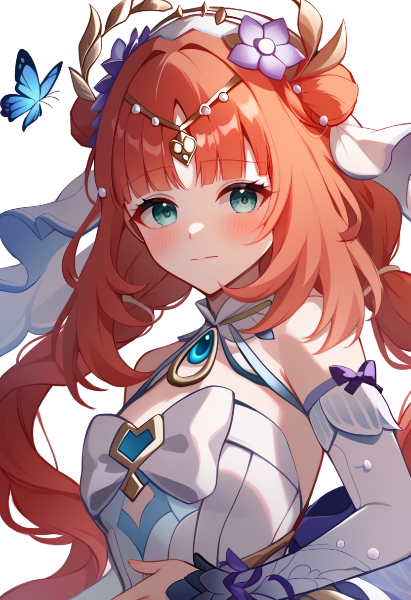 score_9,score_8_up,score_7_up,<lora:nilou_(breeze_of_sabaa)_v2:1>,nilou_(breeze_of_sabaa)_(genshin_impact), upper_body, butterfly, alternate_costume, 1girl, looking_at_viewer, blush, nilou_\(genshin_impact\), bare_shoulders, white_background, solo, white_dress, white_veil, simple_background, closed_mouth, detached_sleeves, hair_flower