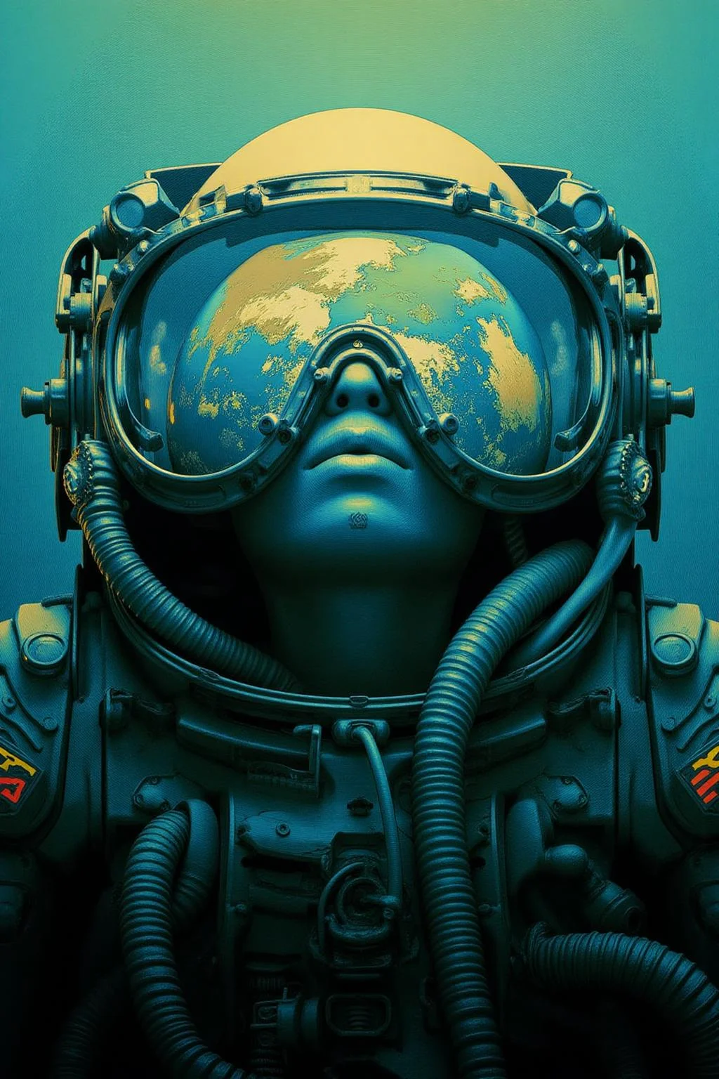 pascalblanche1 illustration. 
juangimenez1. Close up of an astronaut wearing a pair of large reflective goggle. Earth is reflected in the goggles.  <lora:pascalblanche1_cap_d8a4:1.0><lora:860248849418087767:0>