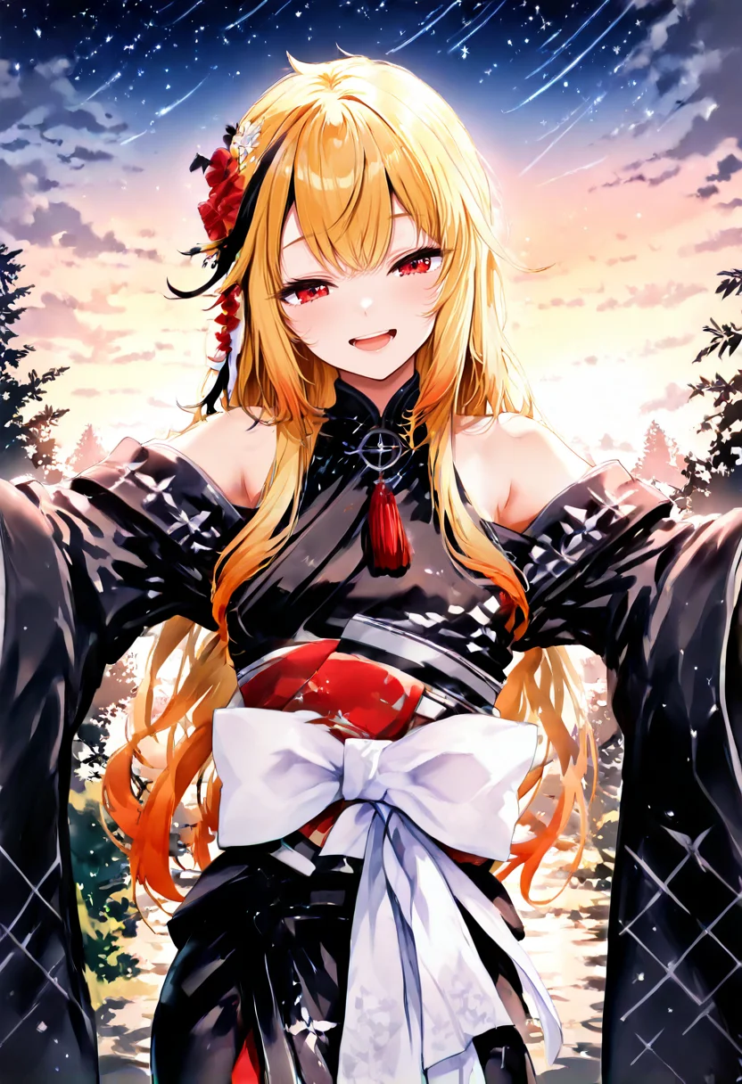 masterpiece,best quality, absurdres, anime style, CG,
cinematic lighting, natural shadow, highest detail, detailed background, intricate scenery, depth of field, insane details, intricate, subsurface scattering,
1girl, very aesthetic,
serene atmosphere, happy smile, open mouth, head tilt,
outdoors, garden, sky, evening light, night sky, stars,
finely detailed face, beautiful face,
<lora:kaelaIL:1.0> kaelaIL, kaelakimono, japanese clothes, black kimono, wide sleeves, hair flower, bare shoulders, (long hair:1.5),
<lora:InkWashpainting:1.75>,
 <lora:Kabedon On Viewer Illustrious:0.6> kabedon on viewer