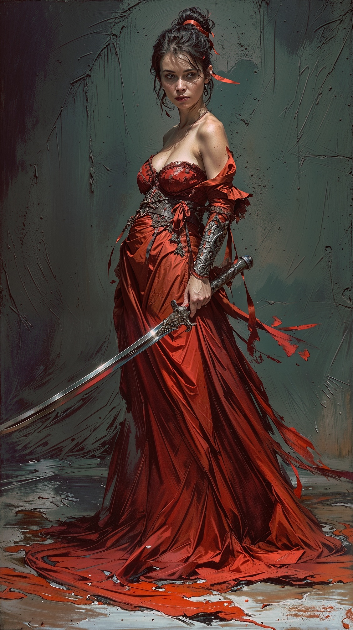 Digital painting featuring a woman in a dramatic, flowing red dress with intricate black detailing. The dress has a deep neckline and long, tattered sleeves, giving it a dynamic and somewhat ethereal appearance. The woman has a fair complexion, dark hair styled in an elegant updo, and a serious expression. She holds a long, curved sword in her right hand, with the blade reflecting light. The background is a muted, textured green, which contrasts with the vibrant red of her dress. The overall style is highly detailed and realistic, with a focus on the interplay of light and shadow.