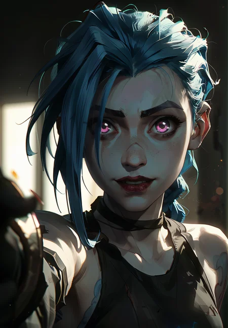 score_9, score_8_up, score_7_up, closeup, 1girl, finger gun to head, BREAK, Jinx, blue hair, long blue hair bang, purple eye iris, eyelashes, freckles, red lips, high cheekbone, fierce, scar on nose, smile, shiny, jinx, darkness, shadow, blurry background <lora:ARKN2:0.7>, <lora:NLSTN:0.3> glow <lora:dark:0.3> <lora:Fingergun_XLPD:0.6>