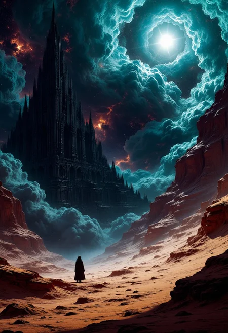 crst13, A lone figure in a cloak stands dwarfed by a collapsed alien megastructure, its jagged remains stretching off-center across the sky. The terrain is cracked, dry, and copper-toned, with subtle glows emerging from fissures. The atmosphere is dark teal and violet, with swirling clouds illuminated by a dying star near the horizon. Foreground debris softly blurred, casting long shadows. Vast scale, cinematic brutalism, cosmic silence.