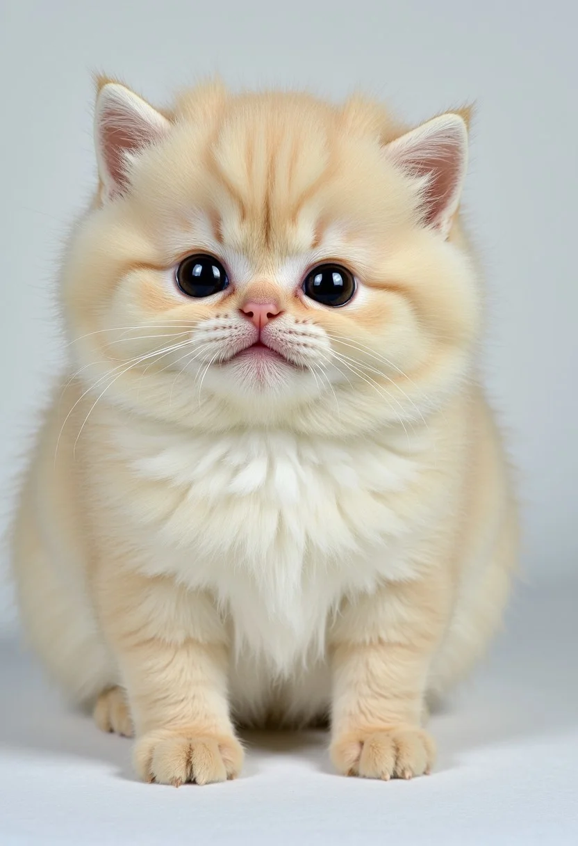 A ridiculously adorable cat, as round as a (perfectly fluffy ball), with (legs so short they measure only 3 cm). Its fur is (soft and puffy), almost giving the illusion that it's floating above the ground like a (gentle cloud). The cat’s (huge, sparkling eyes) are filled with curiosity, and its tiny paws barely touch the surface as it wobbles around. Its ears are small and rounded, adding to its overall (chubby and irresistibly cute) appearance. [The background is minimal], allowing this (tiny, spherical marvel) to be the absolute focus, radiating pure (joy and innocence) in every movement.