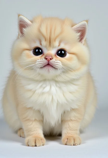 A ridiculously adorable cat, as round as a (perfectly fluffy ball), with (legs so short they measure only 3 cm). Its fur is (soft and puffy), almost giving the illusion that it's floating above the ground like a (gentle cloud). The cat’s (huge, sparkling eyes) are filled with curiosity, and its tiny paws barely touch the surface as it wobbles around. Its ears are small and rounded, adding to its overall (chubby and irresistibly cute) appearance. [The background is minimal], allowing this (tiny, spherical marvel) to be the absolute focus, radiating pure (joy and innocence) in every movement.