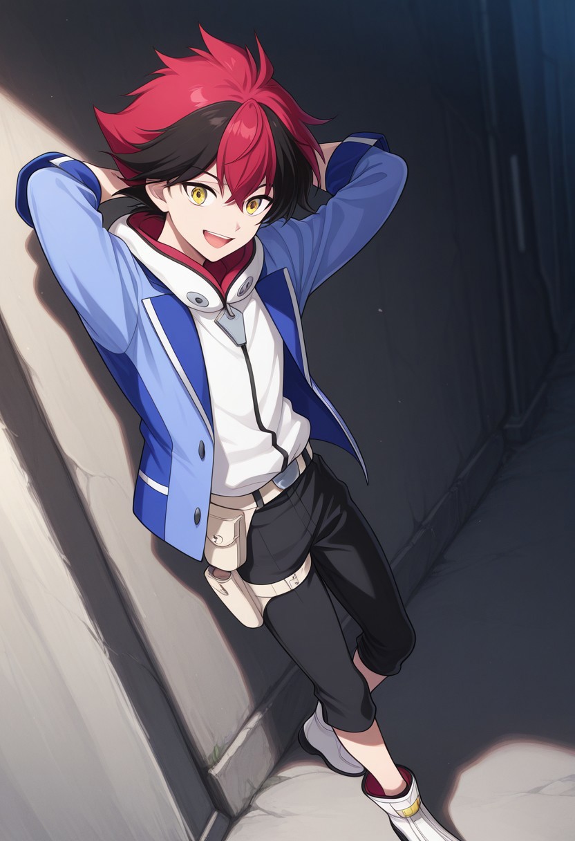 masterpiece,best quality,amazing quality, source_anime,
hiroryuga, 1boy, male focus, solo, yellow eyes, multicolored hair, red hair, black hair, hoodie, white hoodie, hood, jacket, blue jacket, open jacket, belt, belt pouch, pants, capri pants, black pants, holster, ankle boots, white footwear, smile, hands behind head, open mouth,
