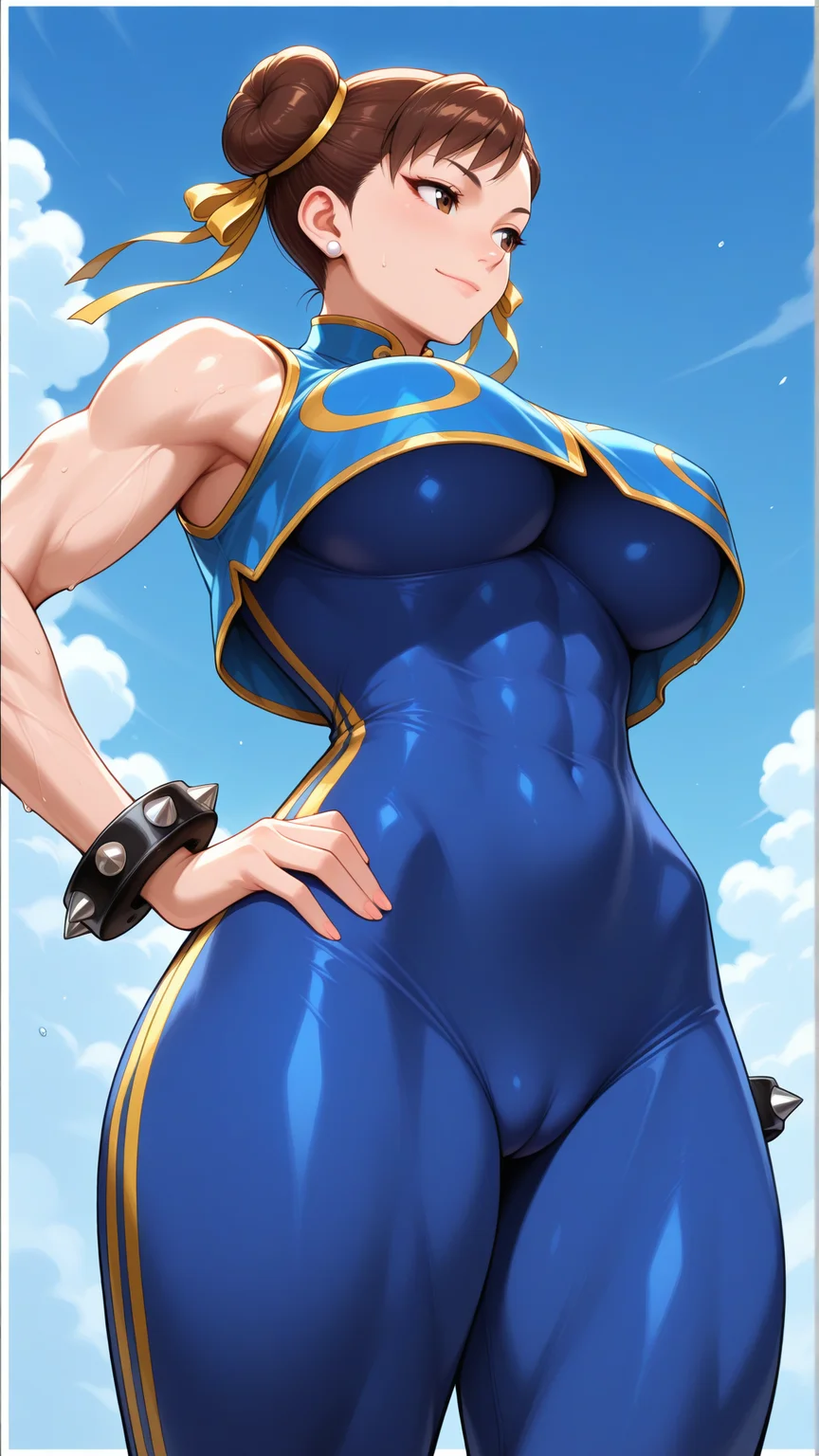 anime coloring, highres, anime screenshot, dramatic lighting, intricate details, masterpiece, best quality, absurdres, depth, ((official style)), realistic, ChunLi_XL, 1girl, solo, breasts, smile, short hair, large breasts, ribbon, closed mouth, jewelry, bare shoulders, standing, hair ribbon, thighs, cowboy shot, sweat, sky, sleeveless, cloud, hair bun, bracelet, crop top, fingernails, looking to the side, lips, hand on own hip, muscular, covered navel, double bun, bodysuit, border, underboob, cameltoe, thick thighs, from below, white border, adapted costume, skin tight, spikes, veins, toned, yellow ribbon, muscular female, nose, crop top overhang, spiked bracelet, blue bodysuit, veiny arms, unitard, studded bracelet, vest, blue sky <lora:Chun_Li_XL-14:0.9>