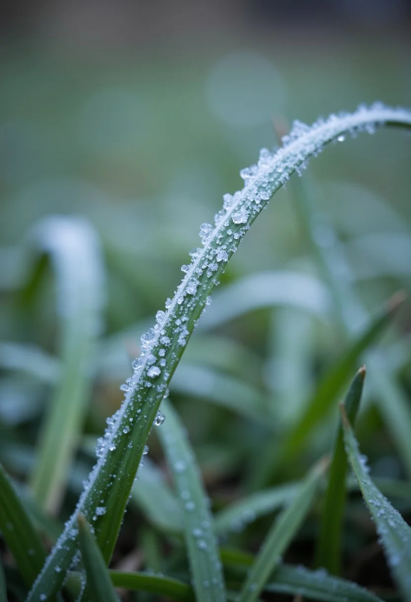 "A macro photo of a blade of grass with frost, highlighting the delicate ice crystals."
,aidmafluxproultra, aidmaHyperrealism, aidmaExperimentalPhotography