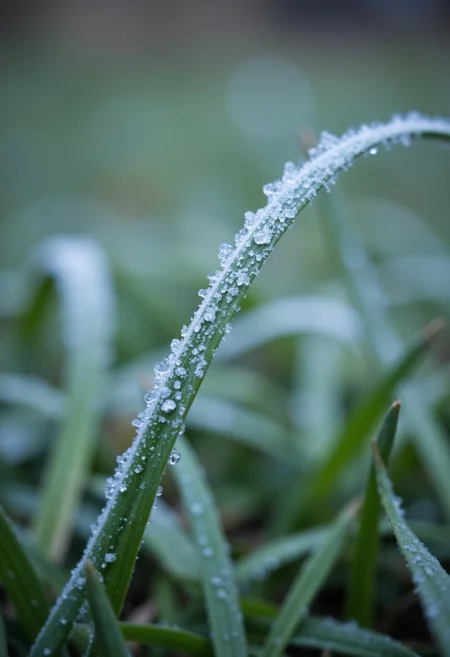 "A macro photo of a blade of grass with frost, highlighting the delicate ice crystals."
,aidmafluxproultra, aidmaHyperrealism, aidmaExperimentalPhotography