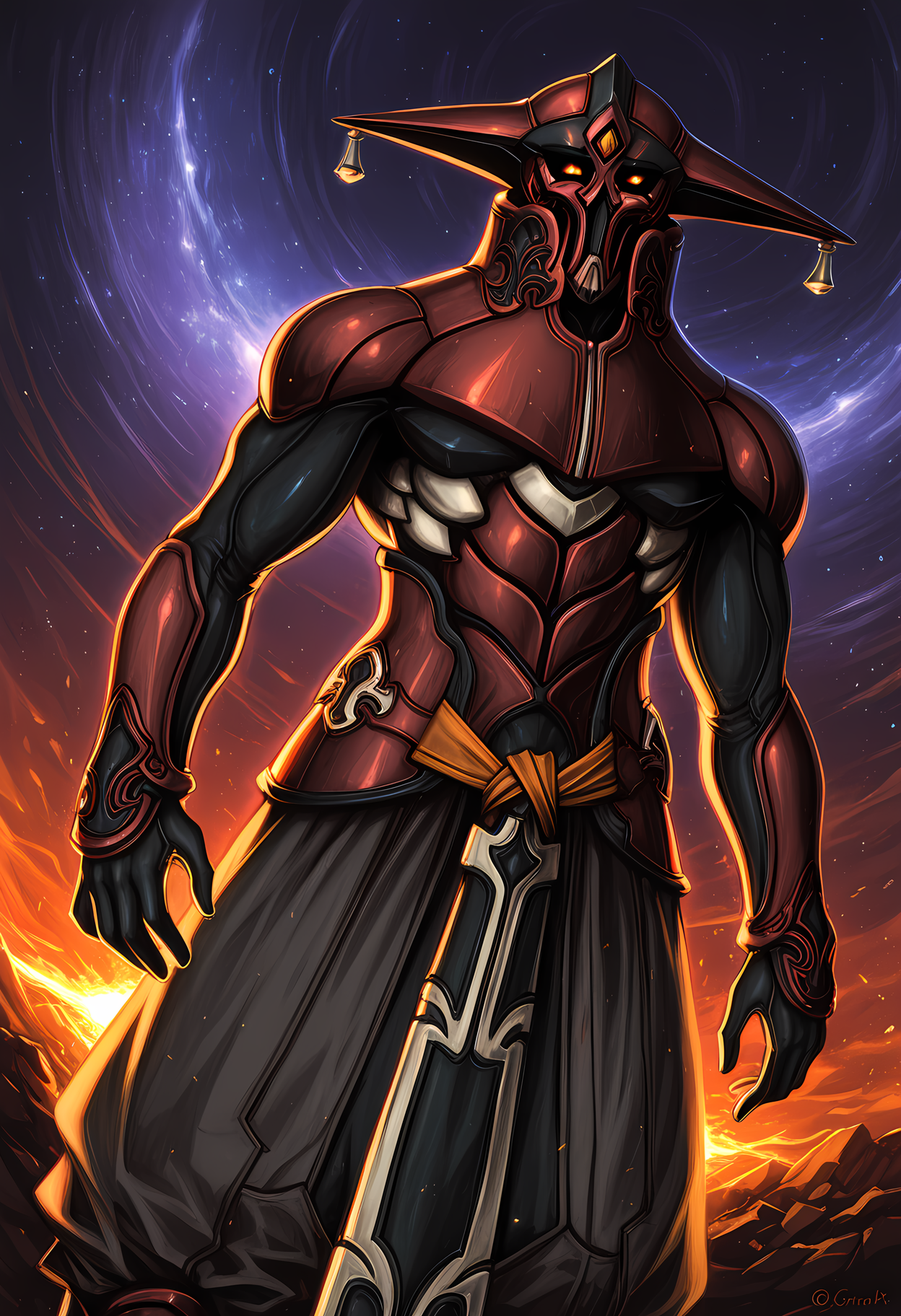 masterpiece, best quality, amazing quality, dutch angle, abstract background, BREAK
solo, male focus, 1boy, xen_grahf, mask, helmet, red armor, glowing yellow eyes, BREAK
 <lora:cfg_scale_boost:.6> <lora:Grahf_-_Xenogears_-_ILXL:1>