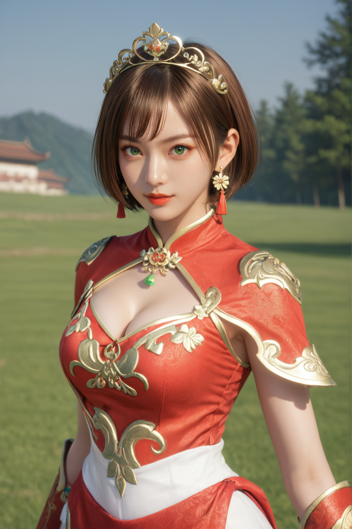 score_9, score_8_up, score_7_up, masterpiece, best quality, perfect anatomy, very aesthetic, BREAK dynamic pose, cowboy shot<lora:Sun_Shangxiang_Dynasty_Warriors:0.7>
solo, 1girl, short hair, brown hair, green eyes, tiara, jewelry, earrings, chinese clothes, cleavage cutout, outdoors, looking at viewer