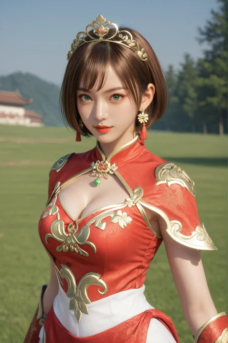 score_9, score_8_up, score_7_up, masterpiece, best quality, perfect anatomy, very aesthetic, BREAK dynamic pose, cowboy shot<lora:Sun_Shangxiang_Dynasty_Warriors:0.7>
solo, 1girl, short hair, brown hair, green eyes, tiara, jewelry, earrings, chinese clothes, cleavage cutout, outdoors, looking at viewer