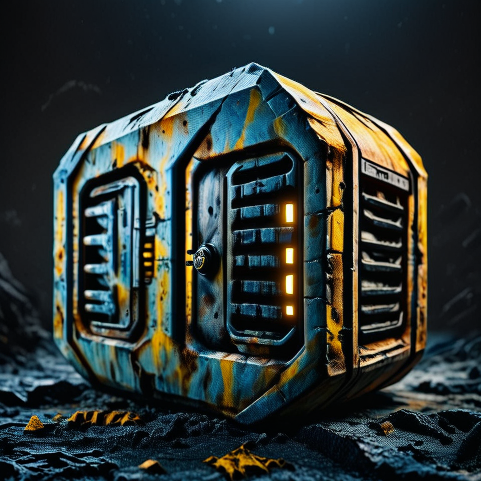 still life item inventory,photo focus on
 military (tubular cylindrical  ammocrate:1.3)  science fiction,  rugged, used, construction yellow black  military warning stickers..
 4k, highly detailed, dark blue black background
 <lora:IteMaker_PNY-F:1>, grit, (rust:0.65), cracks, cracked surface, subtle messy, dust, weary, edges rusty dusty, surface scratches, peeled sun bleeched paint, smudges, crumbles, rugged, used
