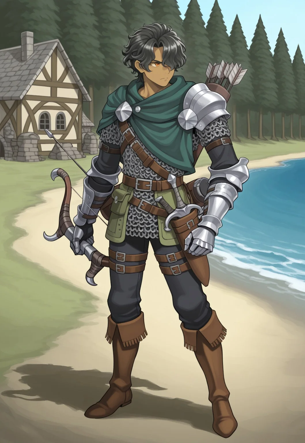 source_vanillaware,
full body,
1boy, solo,
RolfIL, Rolf Unicorn Overlord,
tan skin, orange eyes, black hair, curly hair, hair over eye,
green shawl, steel pauldron, brown straps, leather belt, chainmail shirt, black sleeves, steel gauntlets, black pants, brown boots,
serious, looking away,
sheathed dagger, quiver, holding shortbow, burgundy shortbow,
medieval village, trees, ocean,