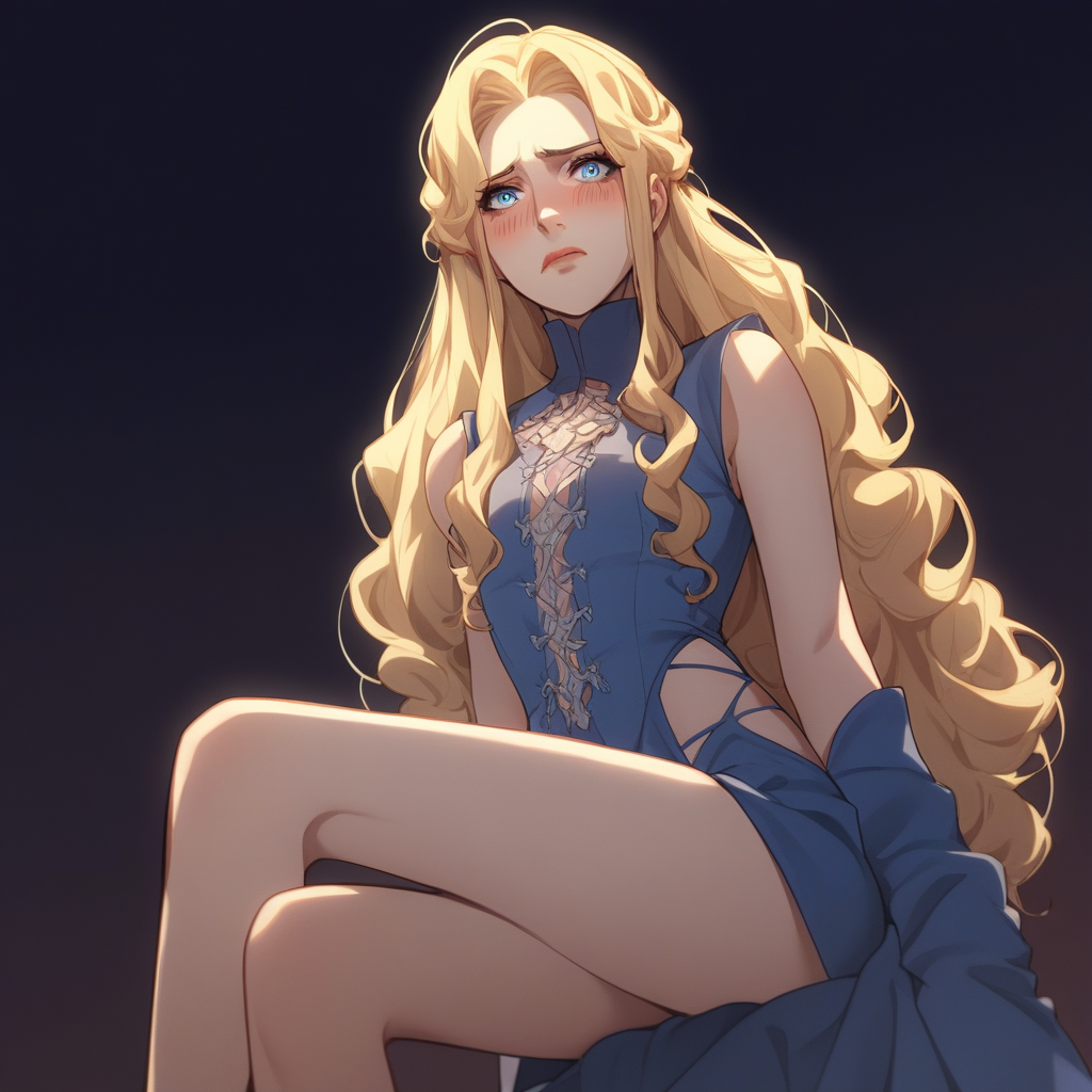 score_9, score_8_up, score_7_up, source_anime, expressive, anime, Artist speedlines, dynamic, 1woman, (vampire), long_hair, blonde_hair, blue eyes, purple_lips, looking at viewer, dutch_angle, waist_up, facing viewer, revealing clothes, bare_legs, high_heels, blush, blushing, embarrassed, dark background, c4stl3v4ni4, castlevania_(netflix)