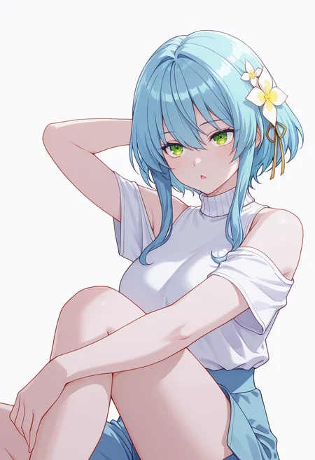 Smooth Quality,masterpiece,very intricate, high quality details, ultra realistic, high detailed skin,detailed enviorement,absurdres,
hand on own leg,
 <lora:Villhaze_CNR:0.8> villhaze_cnr, 1girl,blue hair, short hair with long locks, green eyes, hair between eyes, hair flower,bare shoulders,, simple background, white background, front view,
reclining, arms folded behind head, one knee bent, looking up, peaceful mood,  ,, diamond mouth,, t-shirt, ,turtleneck sweater, ,culottes,  ,