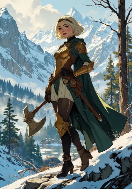 Anime art, Full-length, gorgeous fantasy blonde, naturally straight short platinum hair, tiara, tight golden armor, standing on a hill. Full, high breasts, tight waist, round thighs, blue eyes, no blush. Backdrop of fantasy highlands in winter, bright and cold winter colors, icy lakes and wooded areas, mixture of evergreen and deciduous, pixie hairstyle, diffused lighting, determined facial expression, intricate armor details. holding Two- handed Axe <lora:aidmaMJ6.1_v0.5_3:0.5>, <lora:Anime Art V3_Flux:0.5>