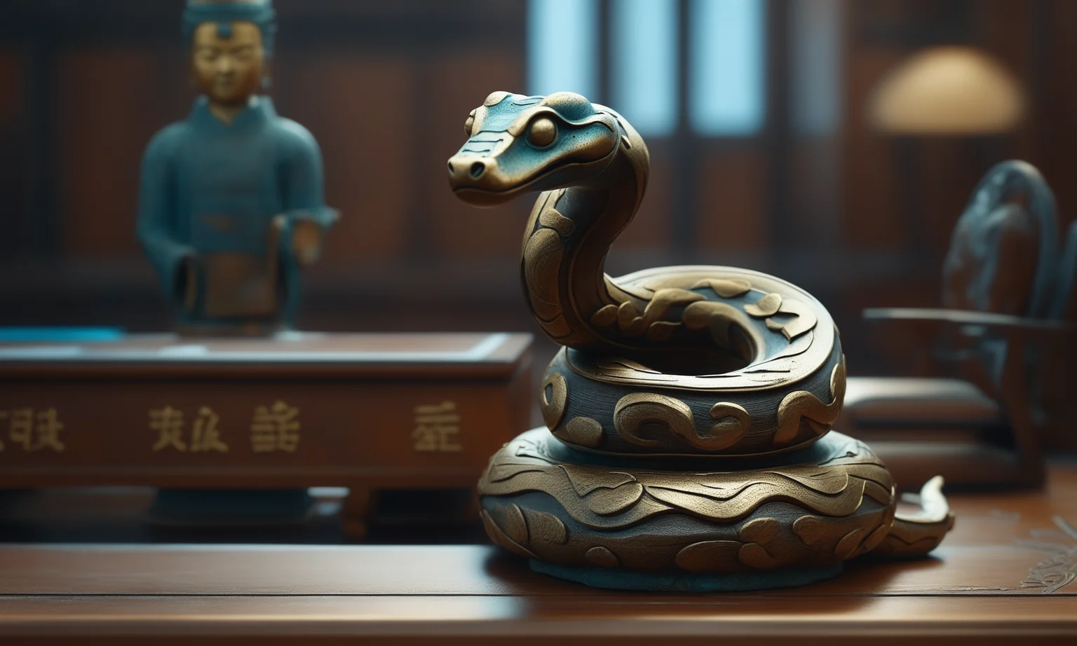 <lora:bronzecd_xl-000006:0.7>,a statue of a snake made of (bronzecd_xl,bron,cyan:0.1) in office scene,full body,miniature,tilt-shift,indoors,chinese zodiac,wooden table,cutie,cute,still life,animal statue,front view,facing viewer,looking at viewer,(Unbelievable Digital Artwork:1.3),CGSociety,ArtStation,master works, 8K, HDR, UHD, masterpiece, best quality, highly detailed, high resolution, finely detail, extremely detailed, ultra detailed, wallpaper