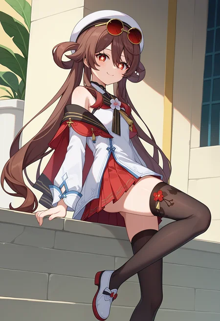 score_9, score_8_up, score_7_up, source_anime,
BREAK
1girl, solo,
<lora:shiHuTaoCherryV1:1>,
shihucherry, alternate costume, long hair, brown hair, red eyes, twintails, flower-shaped pupils, hair between eyes,
sunglasses, eyewear on head, tinted eyewear,
white headwear, white hat, white shirt,
white dress, red skirt, pleated skirt, black thighhighs,
bare shoulders, off shoulder, shoes,
looking at viewer, smile,