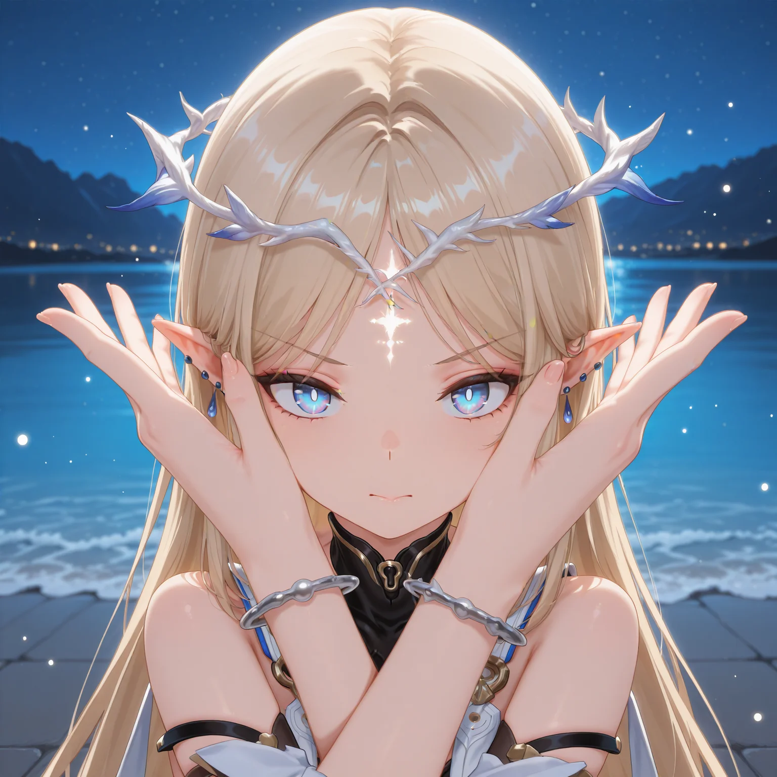 masterpiece,best quality,amazing quality,night,light particles,glowing outline,outdoors,scenery,
looking at viewer,crossed arms,hands up,fingers,<lora:croarms:1>,
cartethyia,multicolored eyes,bright pupils,blonde hair,long hair,loosely tucked bangs,hair behind ear,parted bangs,sidelocks,crown of thorns,multiple earrings,blue earrings,tacet mark,braid,undersuit,stole,detached sleeves,bracelet,strappy heels,single anklet,toe ring,<lora:cartethyia-noob-e-v3:0.7>,upper body,