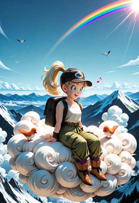 SmoothNoob_Quality, (toriyama akira:1.5), manga style, 1girl, solo, petite, ponytail, cap, backpack, white sleeveless shirt, cargo pants, boots, blue sky, sitting, on cloud, floating, happy, humming, mountainous horizon, musical note, rainbow, sparkle, sunlight, bird, full body,