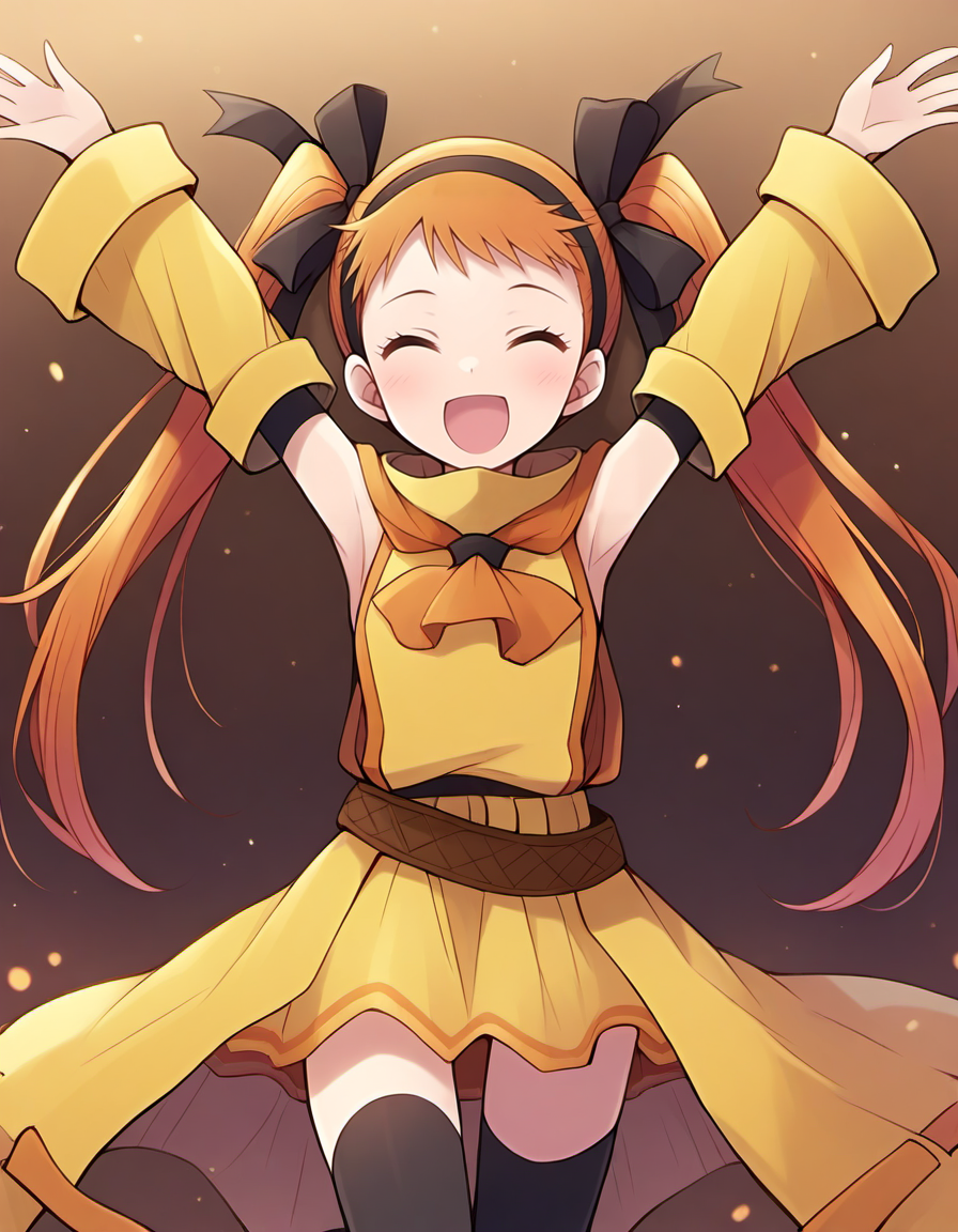 <lora:DHERivieralyuri_SDXL_Illustrious01_fp16_ver02:1>,DHERivieralyuri, 1girl, solo,twintails, orange eyes, orange hair, hairband, hair ribbon, detached sleeves, dress,skirt, belt, black thighhighs, cowboy shot, open arms,smile,closed eyes, open mouth,, masterpiece, best quality, very aesthetic, absurdres,<lora:detailed_hands:1>,hand