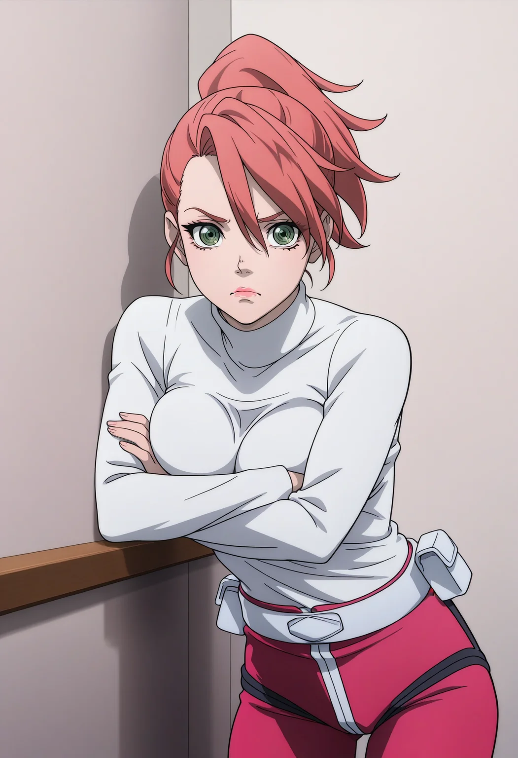 masterpiece, best quality, good quality, <lora:GTBBianca:1>, GTBBianca, 1girl, ponytail, pink hair, green eyes, pink lips, breasts,
white turtleneck, white belt, pink pants,
frown, crossed arms, looking at viewer, leaning to wall, breast press,
BREAK indoors, bright background,