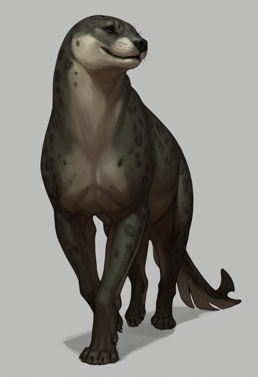 A large feral quadruped leopard seal
BREAK: masterpiece, score_8_up, score_7_up, score_9_up, best quality, horror, hard shadows, somber, spooky, horror theme
BREAK:  by oouna, blank background three quarter view
score_9, score_8_up, score_7_up, masterpiece, walking, side view
BREAK: solo, male, seal, gray skin, feral, grey fur, white sclera, black eyes, seal head, feral head, thick neck, three quarter view, muscular, muscular male, bulky, earless, sleek fur, digitigrade legs, webbed paws, monster, monster, feral animal, quadruped
BREAK: ((quadruped)), hybrid, dog, seal tail, leopard seal head, dog body, seal tail